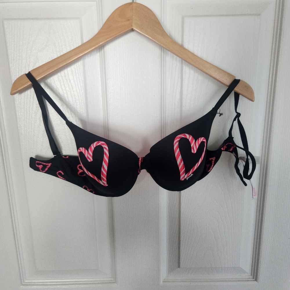 Victoria's Secret PINK Black and Red Candy Cane Underwire Bra Size 32D Christmas